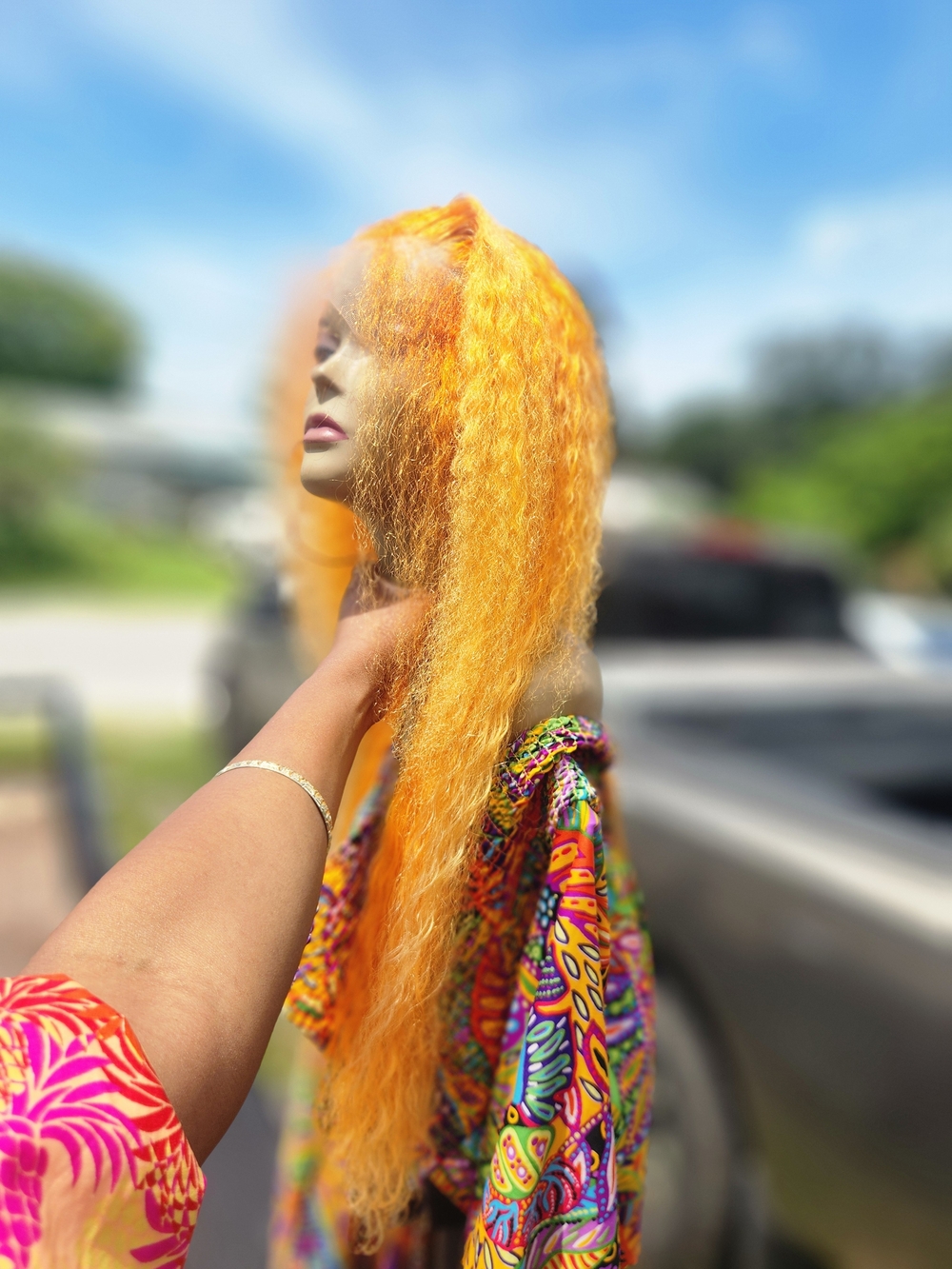 Human Hair Fall Color Vibrant Orange Crimped Lace Front Wig for Women
